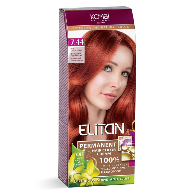 Стійка крем-фарба для волосся «Elitan» intensive and natural color, 7.44 — Ірландський мідний шатен