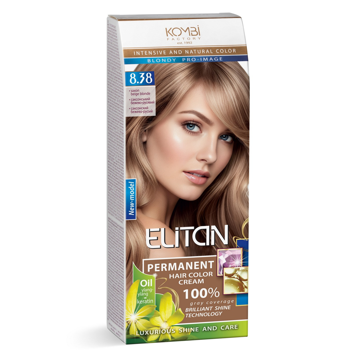 Стійка крем-фарба для волосся «Elitan» intensive and natural color, 8.38 — Саксонський бежево-русявий
