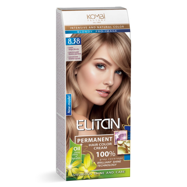 Стійка крем-фарба для волосся «Elitan» intensive and natural color, 8.38 — Саксонський бежево-русявий