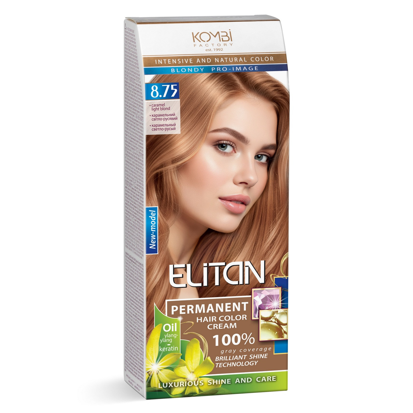 Стійка крем-фарба для волосся «Elitan» intensive and natural color, 8.75 — Карамельний світло-русявий