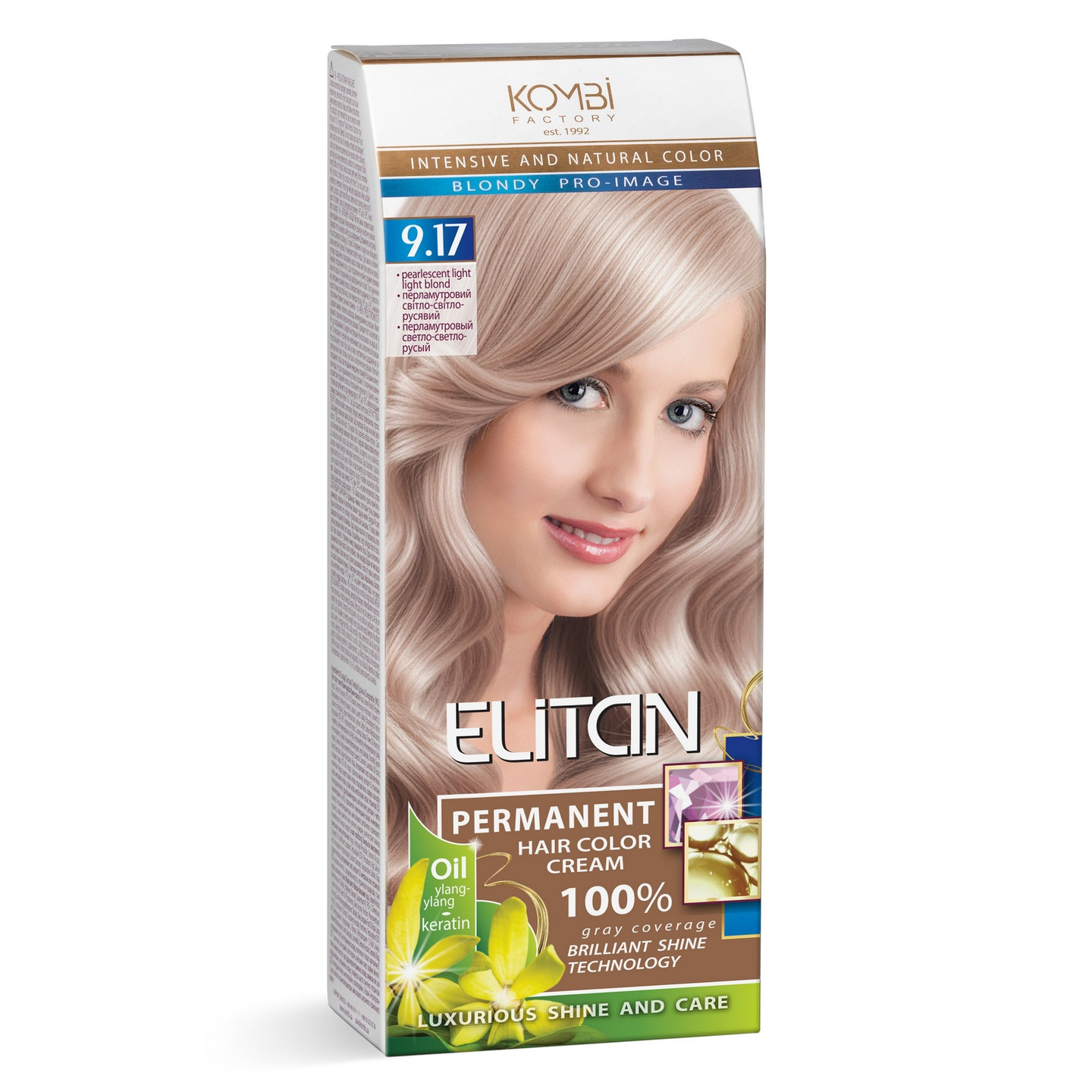 Стійка крем-фарба для волосся «Elitan» intensive and natural color, 9.17 — Перламутровий світло-світло-русявий