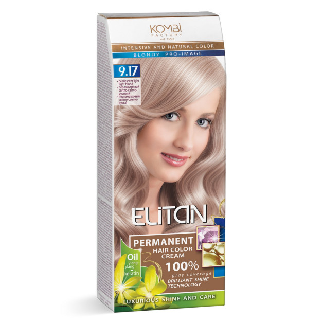 Стійка крем-фарба для волосся «Elitan» intensive and natural color, 9.17 — Перламутровий світло-світло-русявий