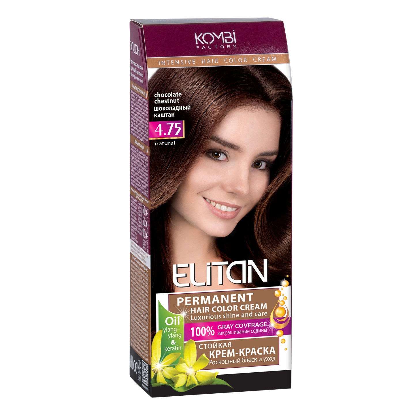Стійка крем-фарба для волосся «Elitan» intensive and natural color, 4.75 — Шоколадний каштан
