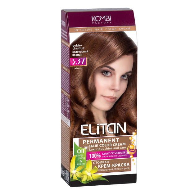 Стійка крем-фарба для волосся «Elitan» intensive and natural color, 5.37 — Золотистий каштан