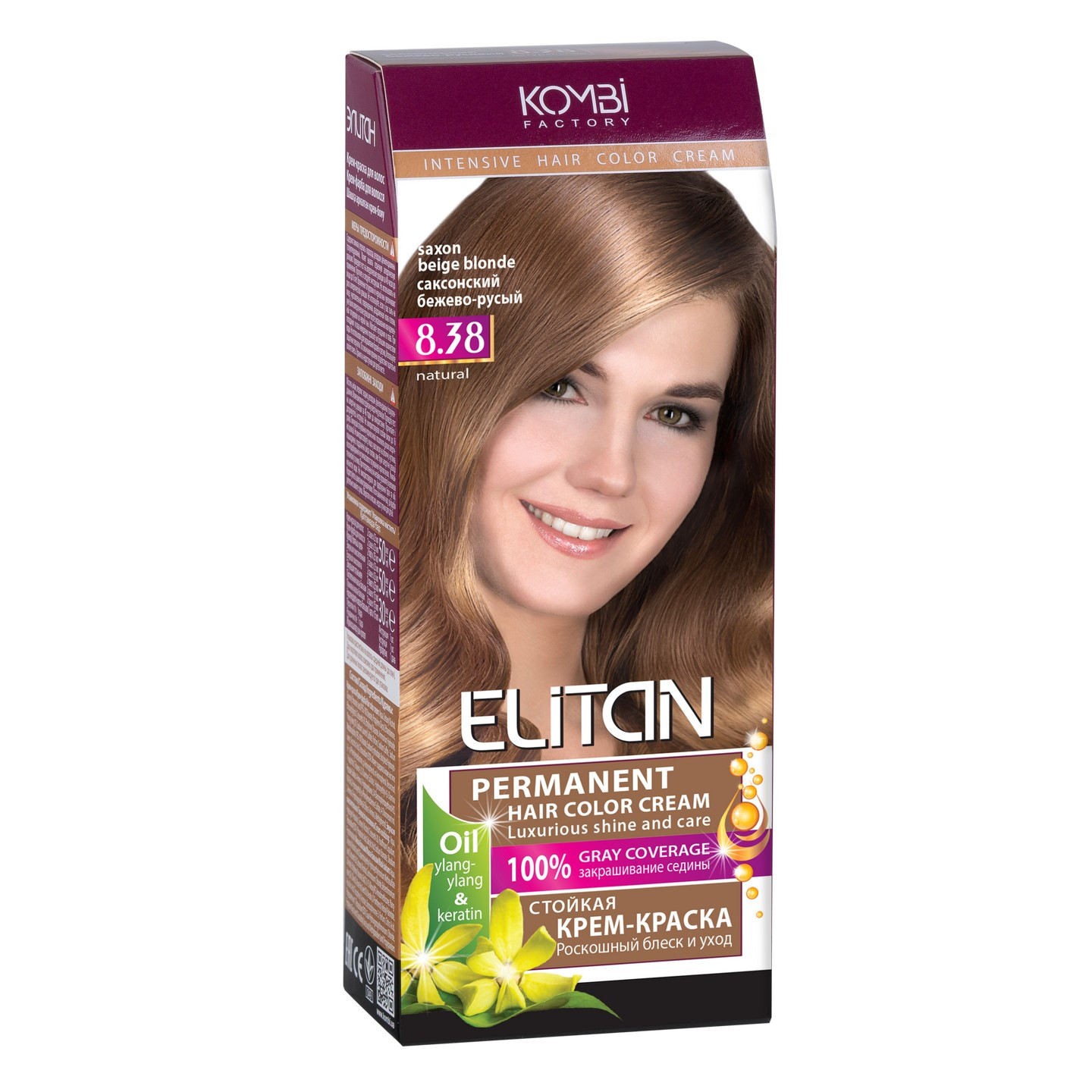 Стійка крем-фарба для волосся «Elitan» intensive and natural color, 8.38 — Саксонський бежево-русявий