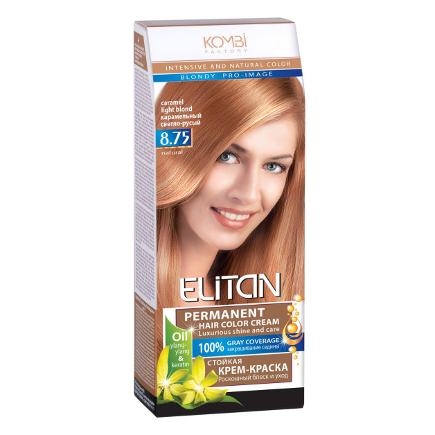 Стійка крем-фарба для волосся «Elitan» intensive and natural color, 8.75 — Карамельний світло-русявий