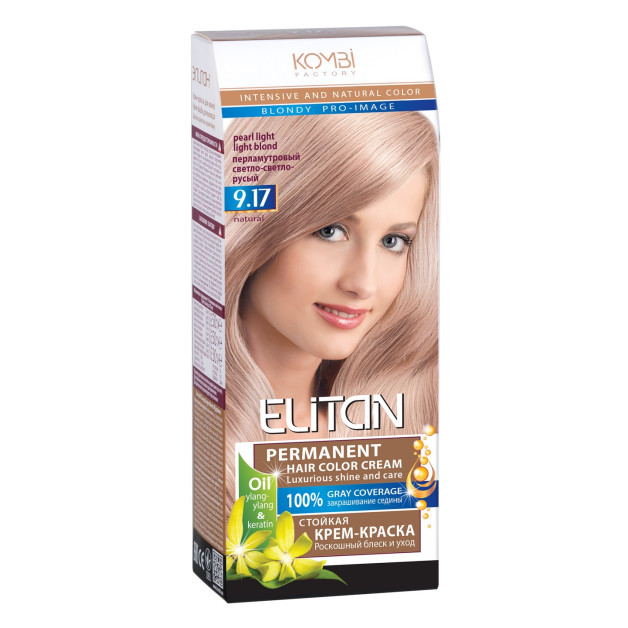 Стійка крем-фарба для волосся «Elitan» intensive and natural color, 9.17 — Перламутровий світло-світло-русявий